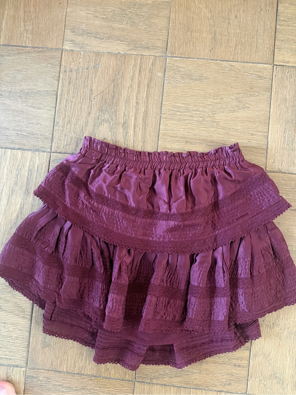 LoveShackFancy Ruffled Tiered Skirt in Oxblood